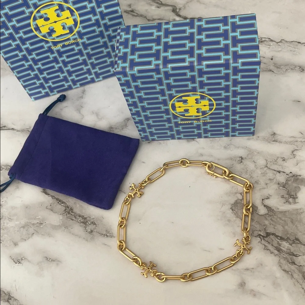$258 New Authentic Gold Link Chain Bracelet Statement Accents Cross TB logo
